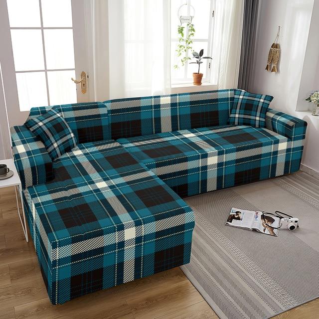 Housse de Canapé d'Angle Imprimé Tartan Bleu